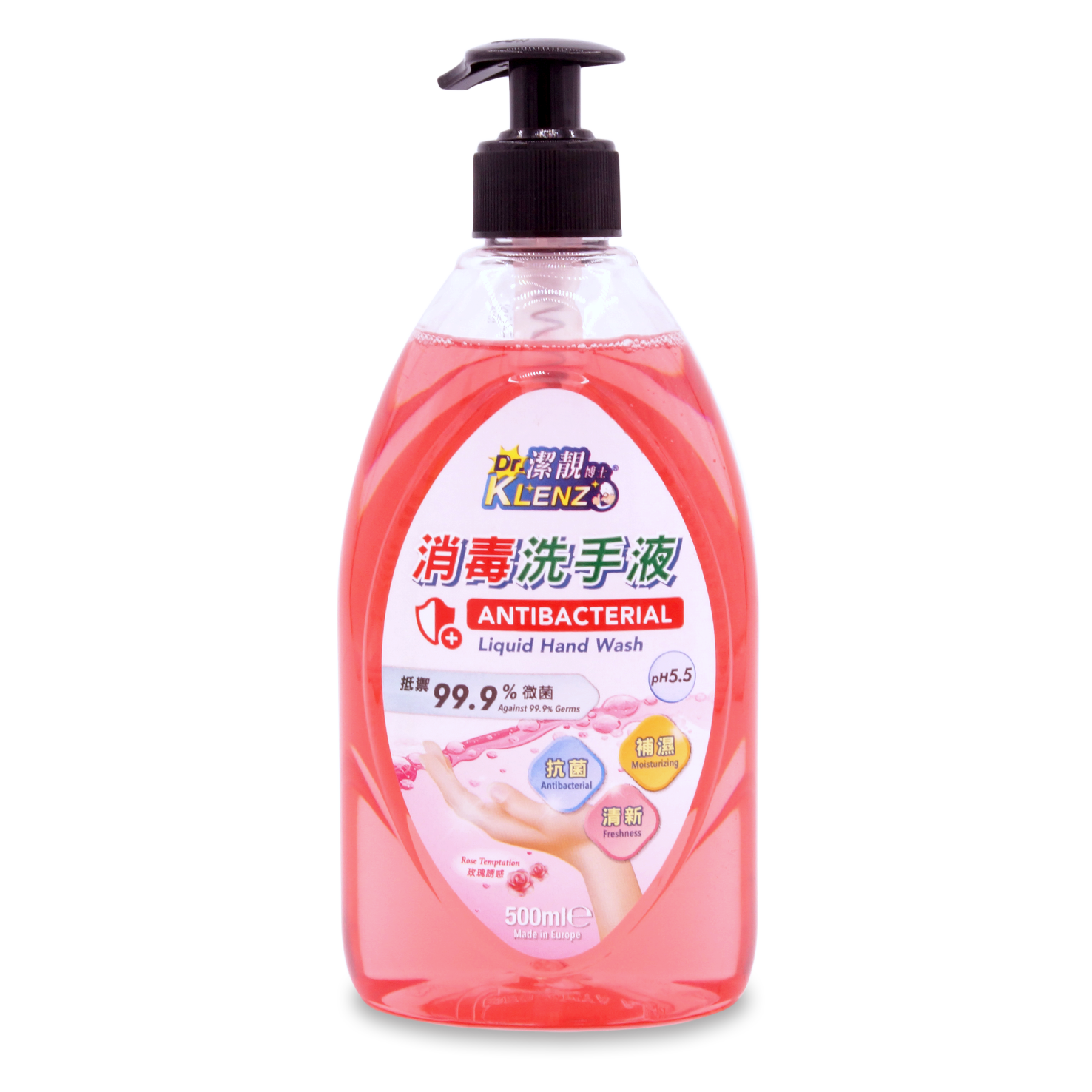 (打裝) 潔靚博士消毒洗手液 500ml (玫瑰誘惑)  x 12 支 Dr. Klenz Antibacterial Liquid Hand Wash 500ml (Rose)  X 12 Pcs